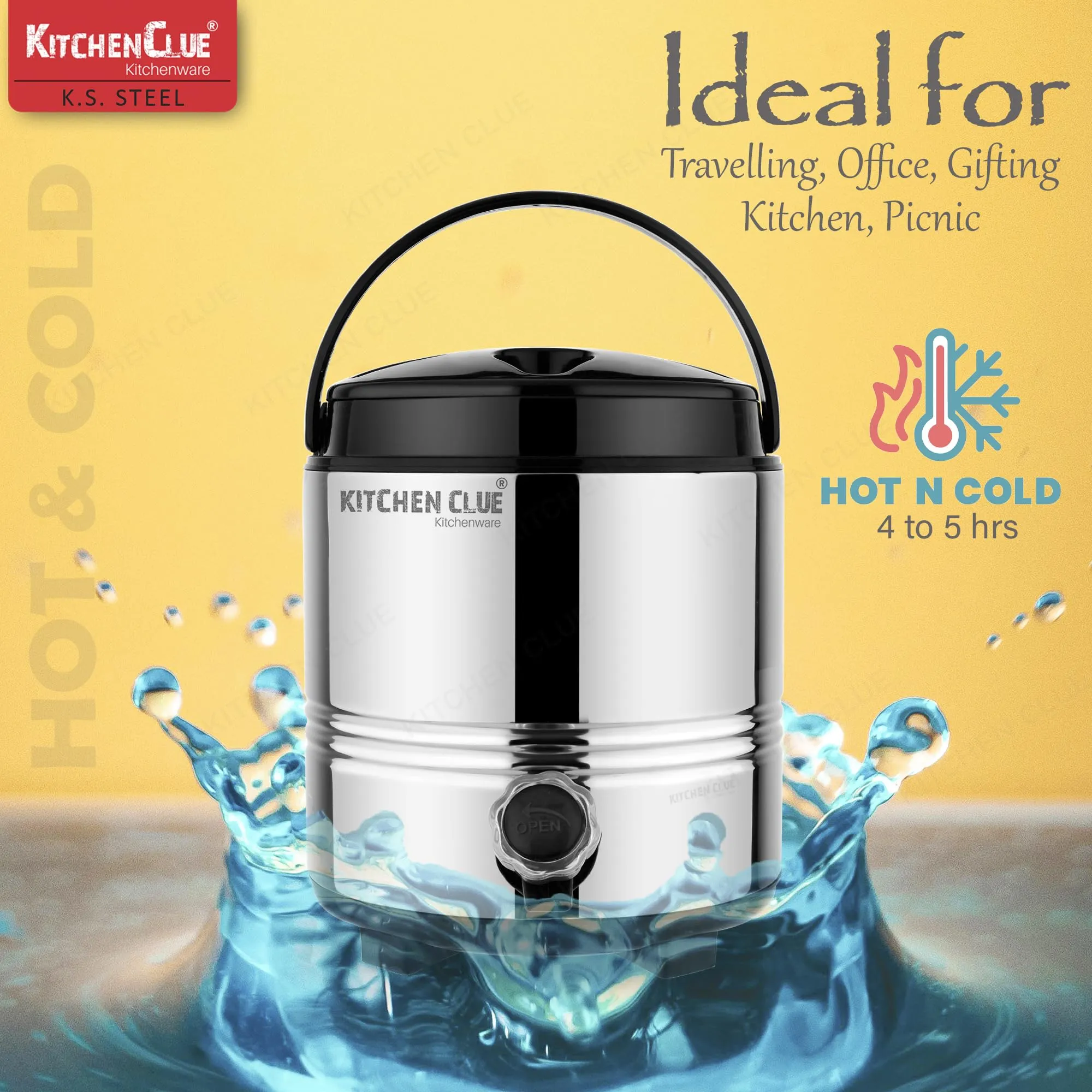 Kitchen Clue Hot Tea/Coffee Flask for Kitchen I 5 Liters of Insulated HOT & Cold Water Dispenser with Handle I Airtight & Spill-Proof Lid I PUF Insulated Keeps Deverages Hot & Cold for Longer Time