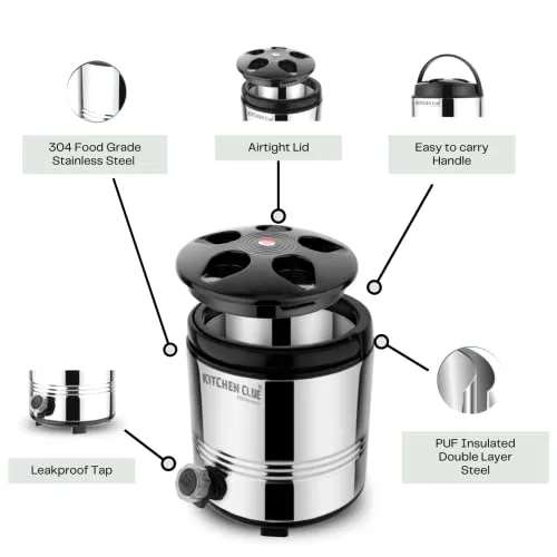 KITCHEN CLUE Stainless Steel Insulated Travel Water Jug/Containers With Leak Proof Tap - 5 Liters, Mid Size, Silver - Easy To Carry Handle, Lighweight - Hot and Cold Water Dispenser For Office Kitchen